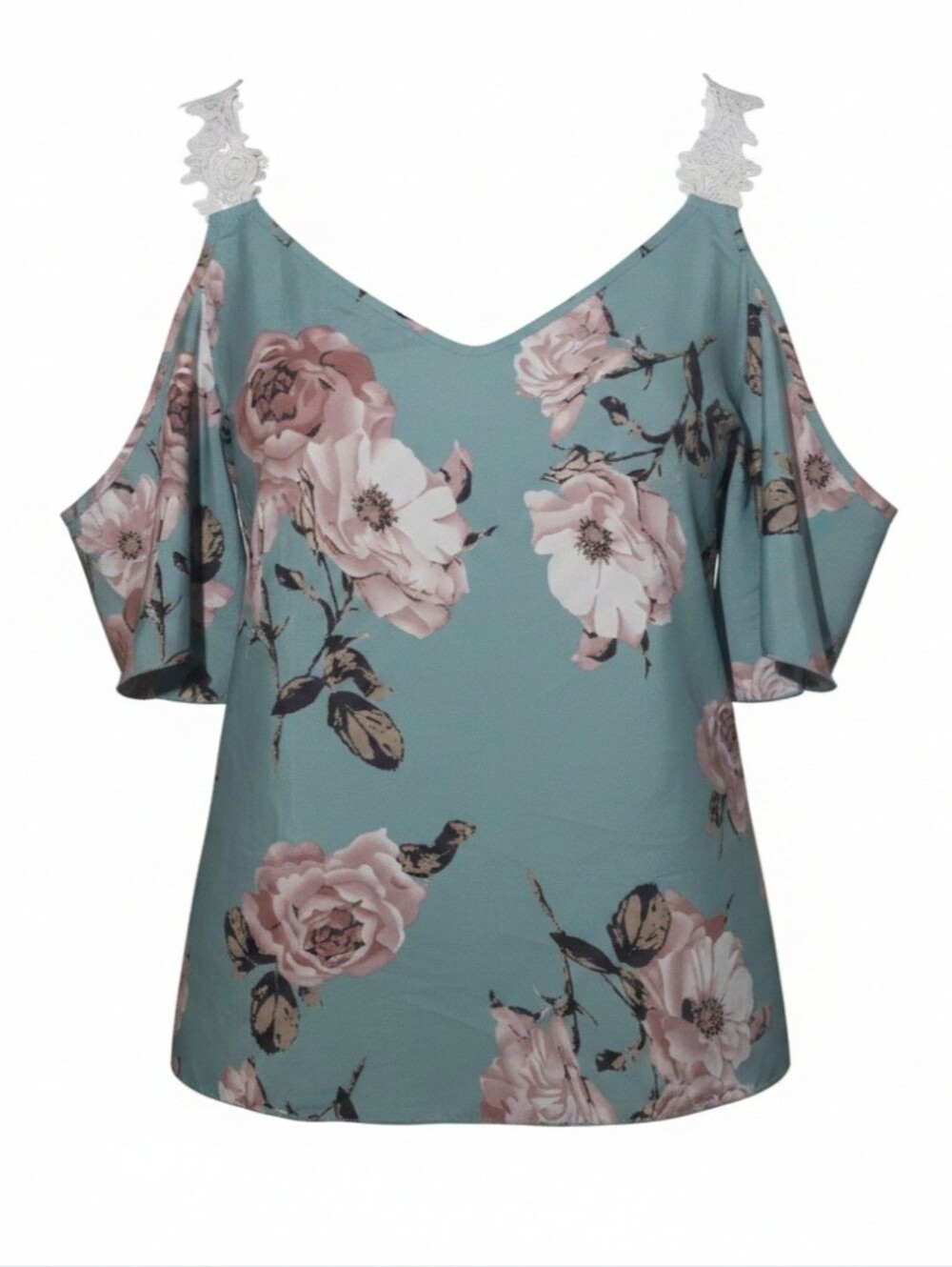 Floral Cold-Shoulder Blouse in Teal with Pink Roses